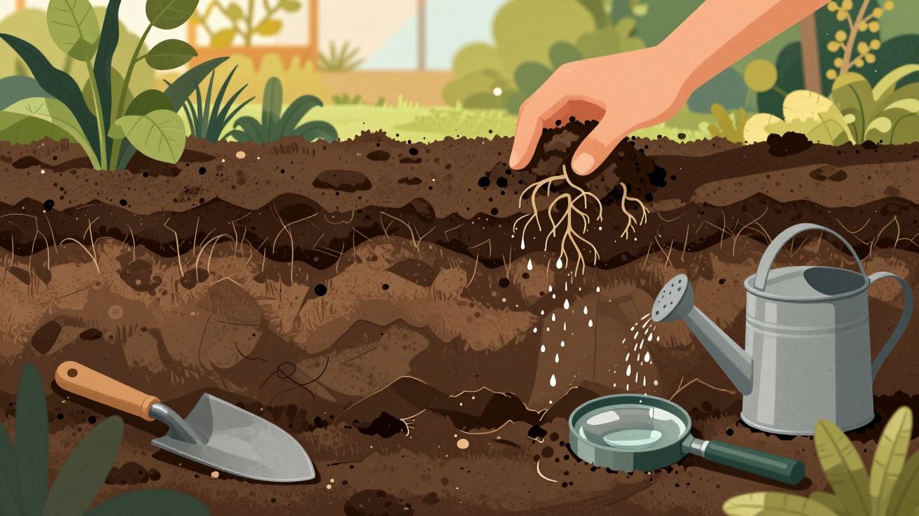 Mão a plantar raiz na terra com regador, pá e lupa em jardim com plantas ao fundo.