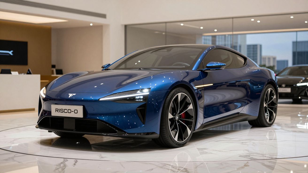 Carro desportivo elétrico azul numa exposição, com design aerodinâmico e rodas grandes.