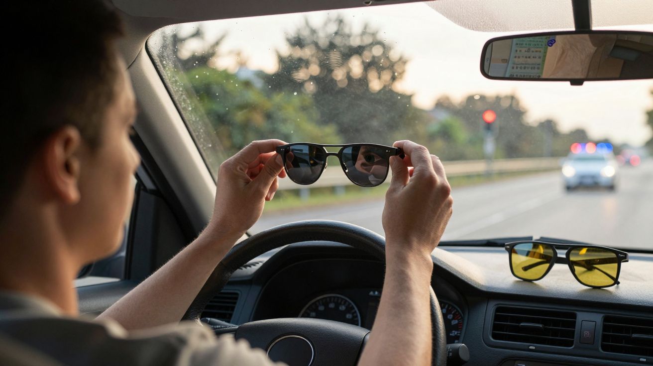 Homem ao volante segura uns óculos de sol frente ao rosto dentro de carro parado na estrada.