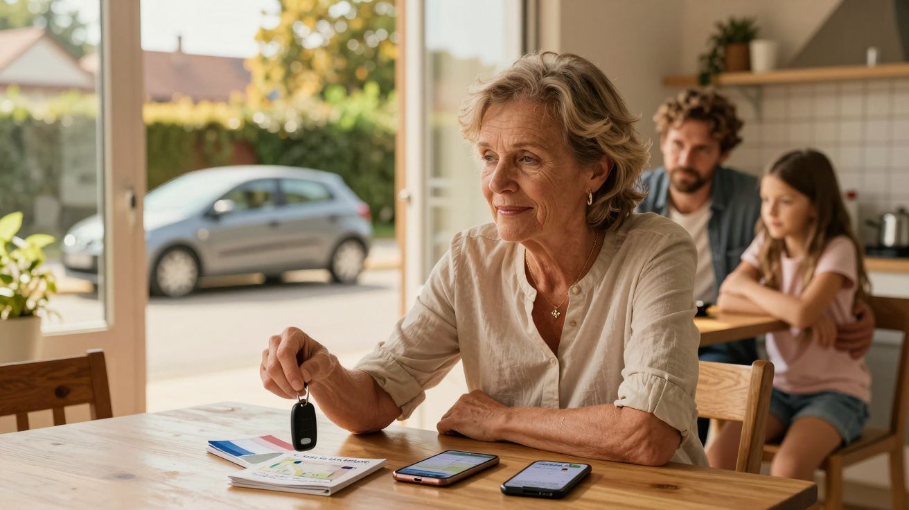 Mulher idosa sentada à mesa segurando chave de carro, com homem e menina ao fundo na cozinha iluminada.