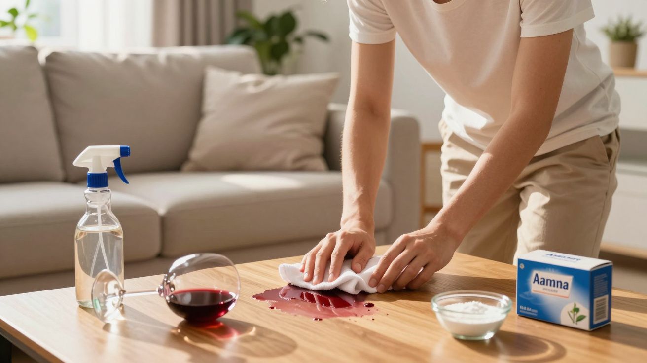 Pessoa a limpar derrame de vinho tinto numa mesa de madeira com pano branco numa sala de estar.