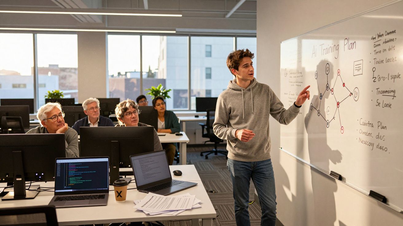 Jovem a explicar plano de treino de IA a grupo adulto numa sala de aulas moderna com computadores.