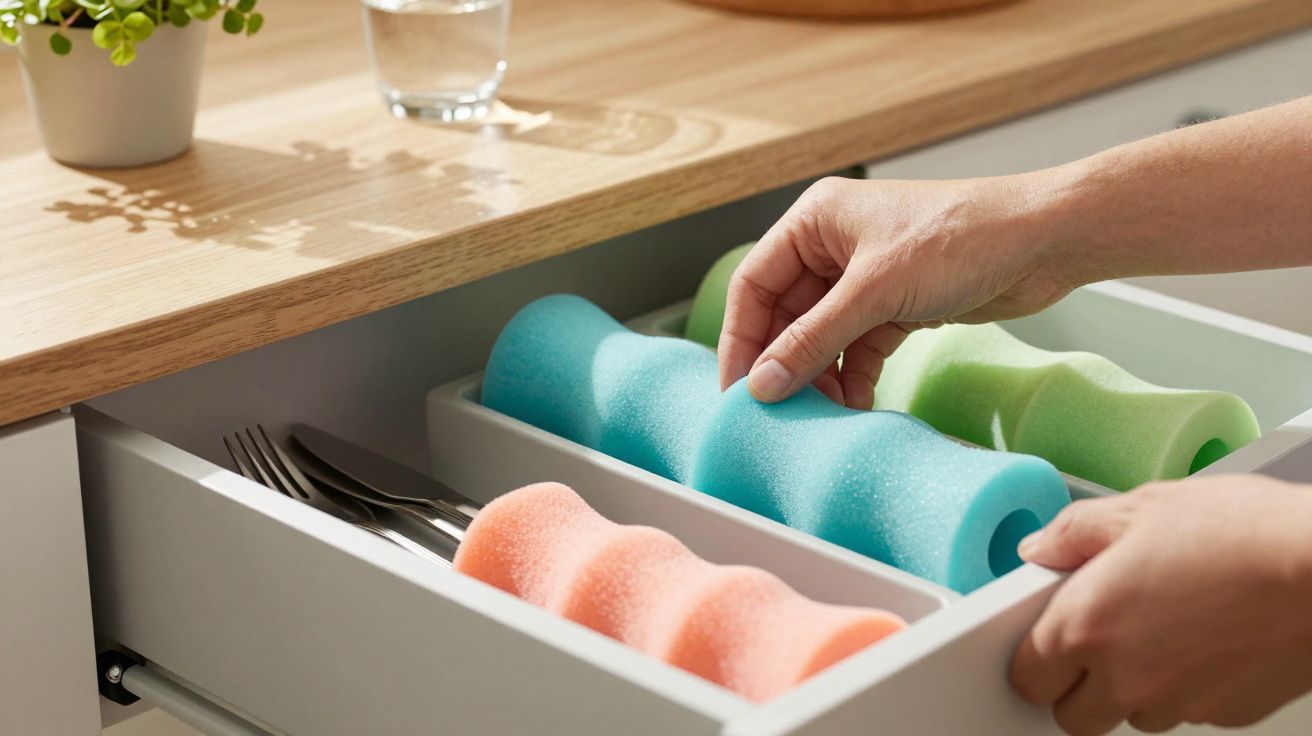Mãos organizam esponjas coloridas num compartimento de gaveta de cozinha com talheres ao lado.