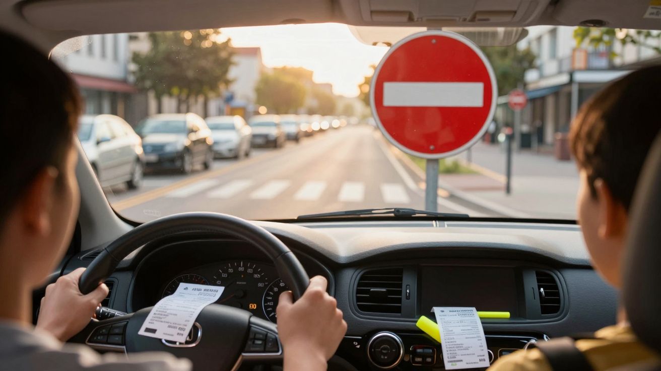 Dois jovens no interior de um carro à frente de um sinal de trânsito de entrada proibida numa rua.