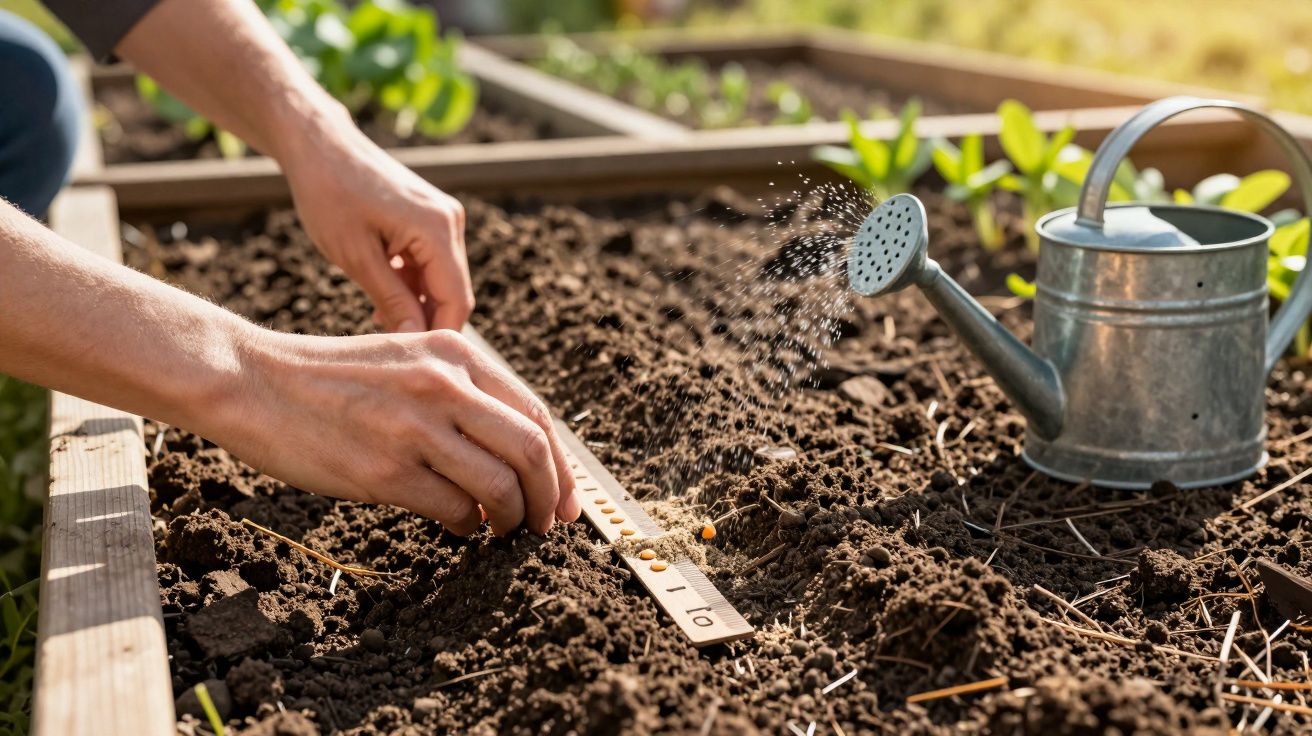 Mãos a semear sementes no solo húmido de um canteiro com regador metálico a pulverizar água.