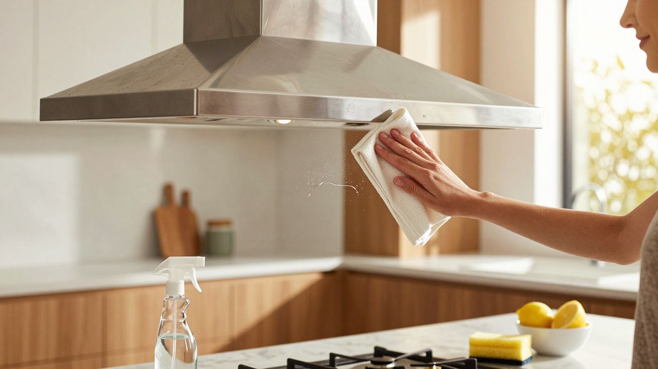 Pessoa a limpar uma chapa de exaustão de cozinha moderna com um pano branco, spray e limão na bancada.