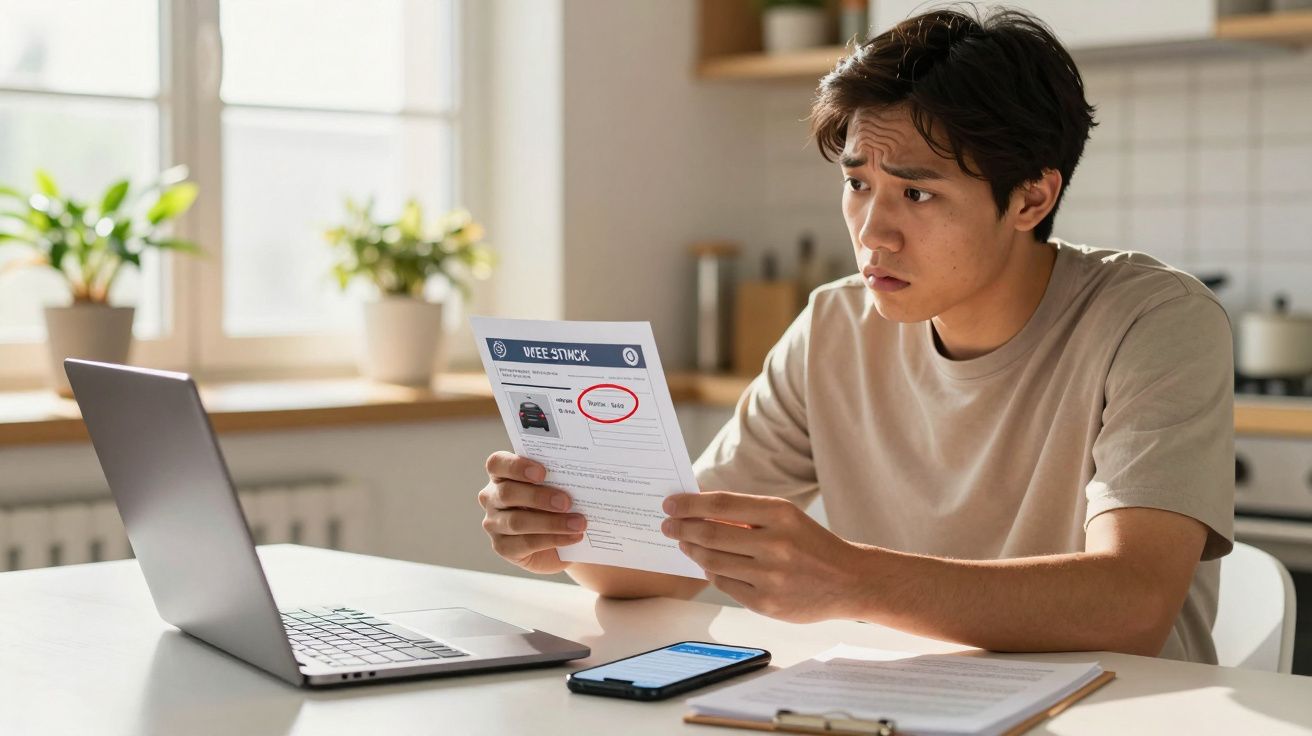Jovem preocupado sentado à mesa a analisar uma carta de notificação com computador e telemóvel à frente.