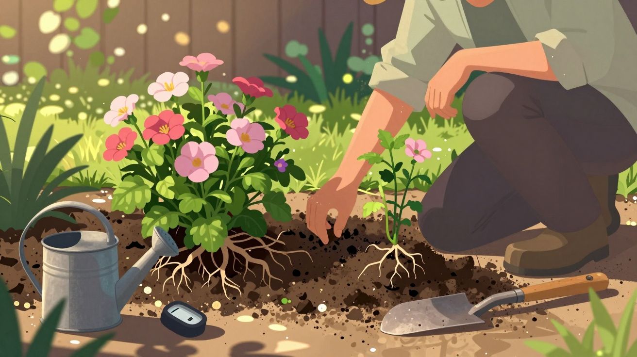 Pessoa a plantar flores cor-de-rosa num jardim com regador e pá ao lado.