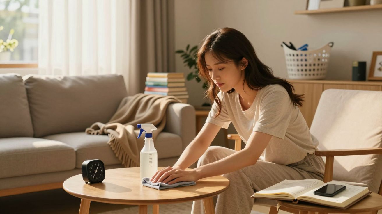 Mulher sentada a limpar uma mesa de madeira numa sala iluminada e acolhedora.