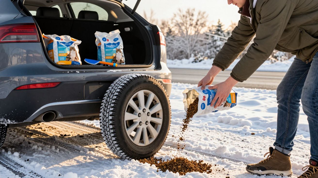 Pessoa a deitar comida para cães no chão com neve, perto da bagageira aberta de um carro cinzento.