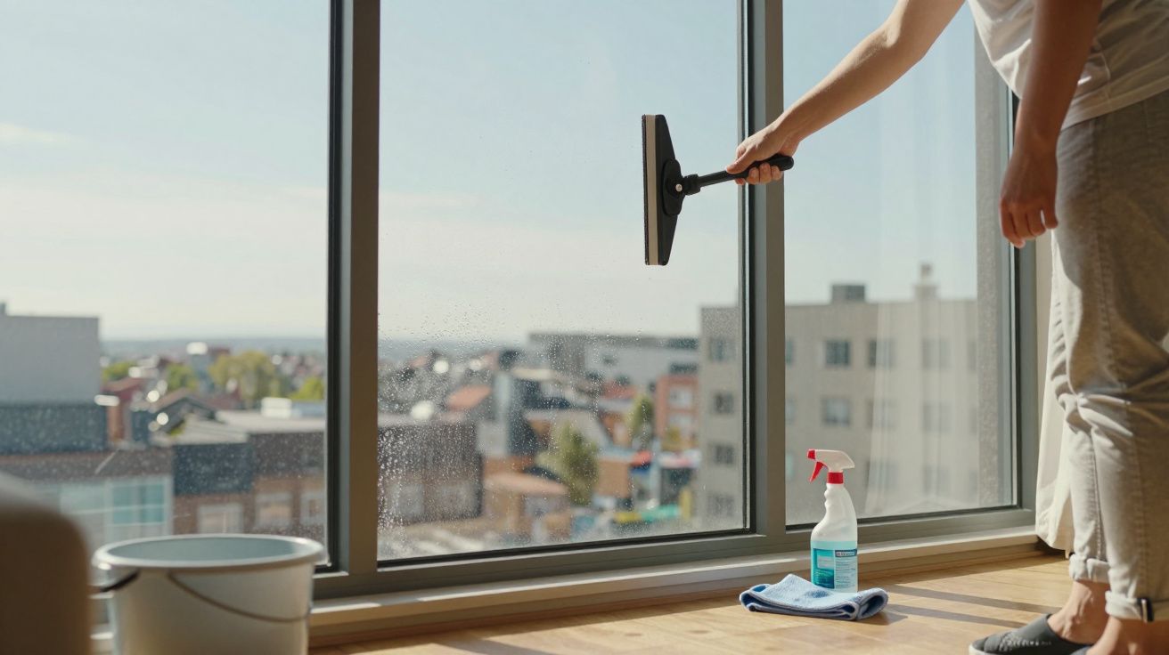 Pessoa a limpar janela de vidro com pistola pulverizadora, pano e balde junto à varanda em dia soalheiro