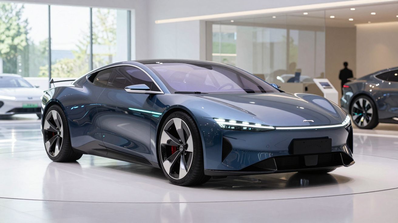 Carro elétrico desportivo azul metálico com design futurista em exposição num salão moderno.
