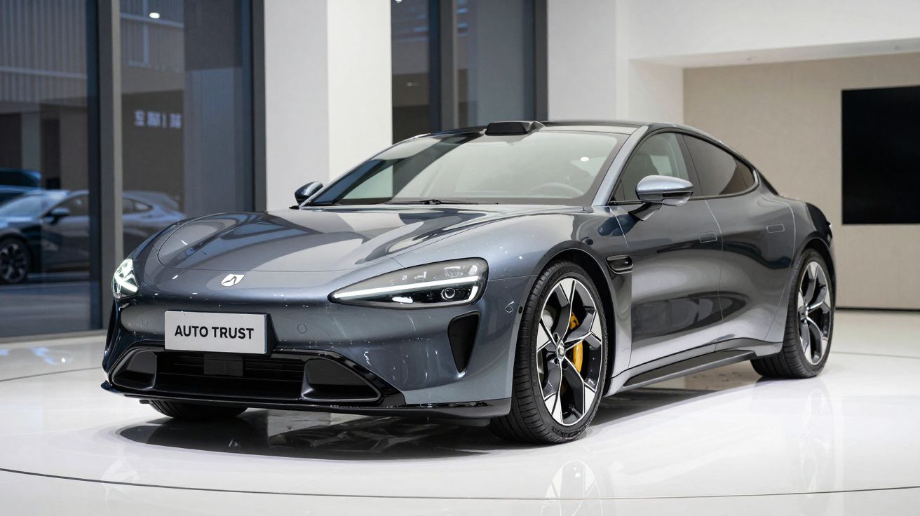 Carro desportivo elétrico cinzento estacionado numa sala de exposição moderna e iluminada.