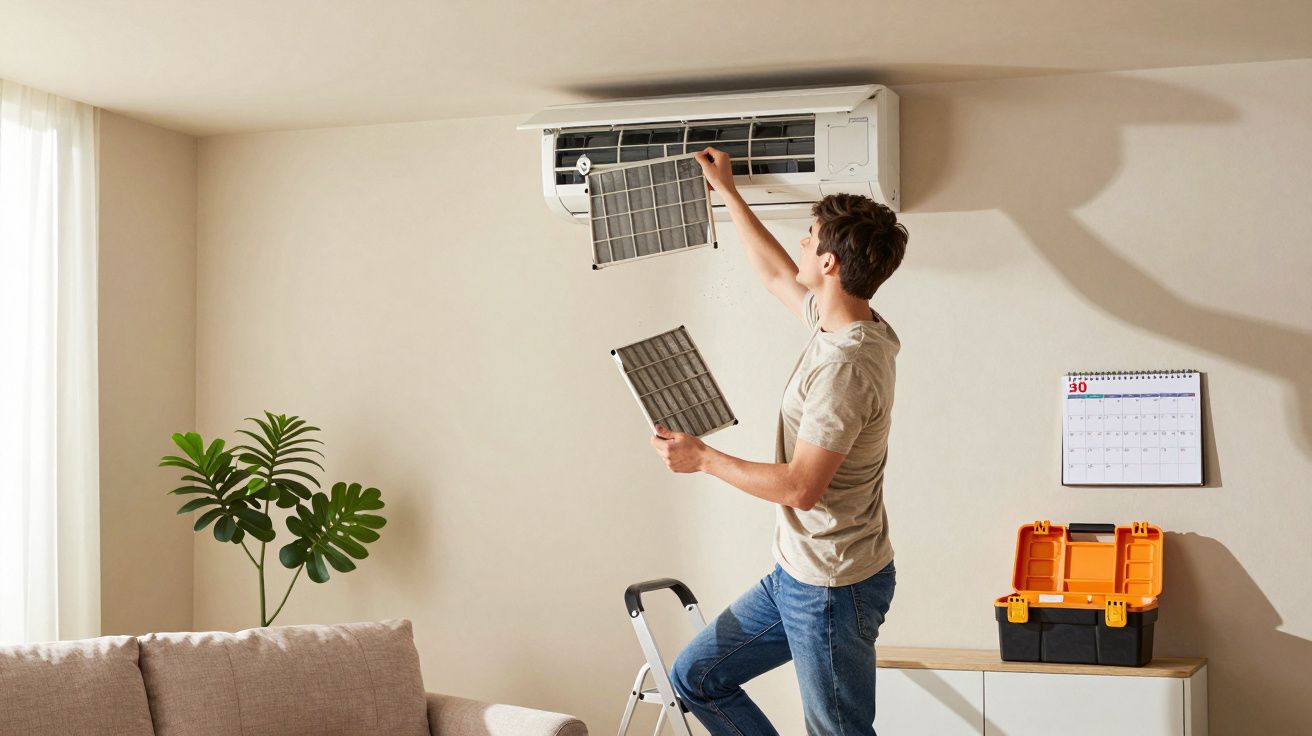 Homem a limpar ou trocar filtro de ar condicionado numa sala com sofá, planta e caixa de ferramentas.