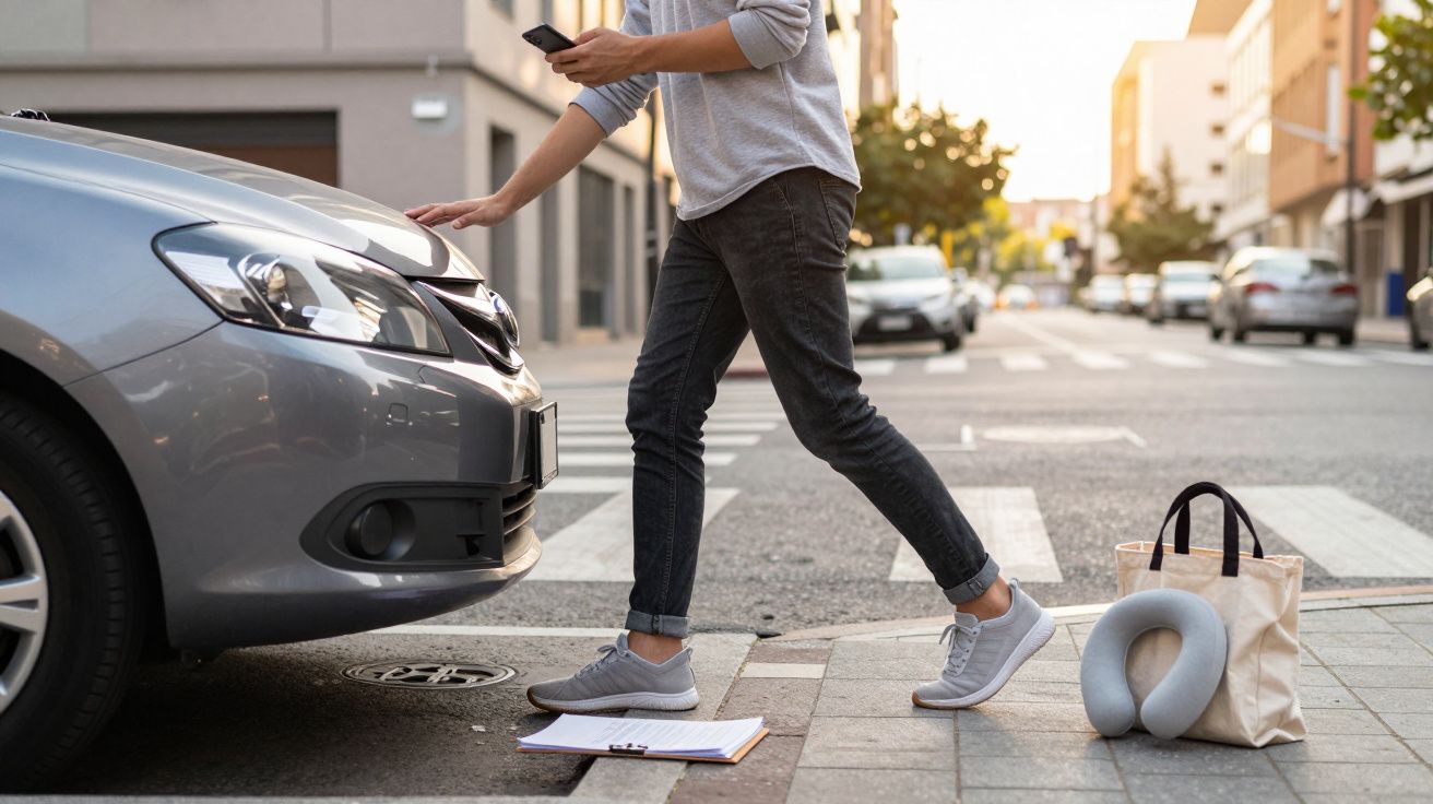 Pessoa a inspecionar um carro cinzento estacionado na rua, com mala e almofada de pescoço ao lado.