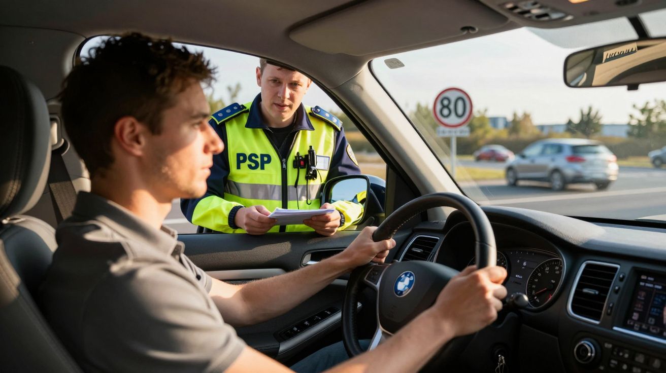Polícia da PSP a falar com condutor dentro de carro durante fiscalização numa estrada.