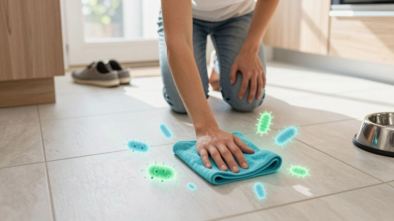 Pessoa a limpar chão com pano azul, destacando bactérias ilustradas em redor no chão da cozinha.