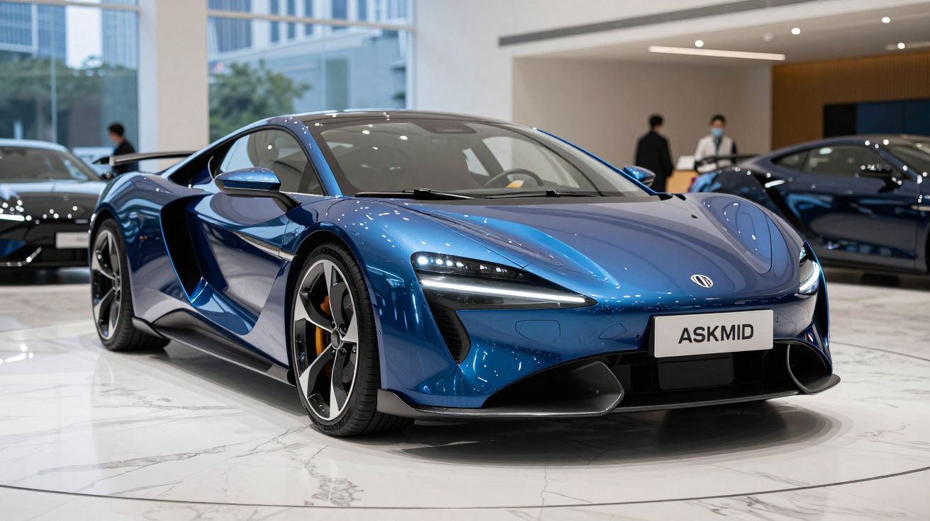 Carro desportivo azul metálico estacionado num showroom moderno com chão branco.