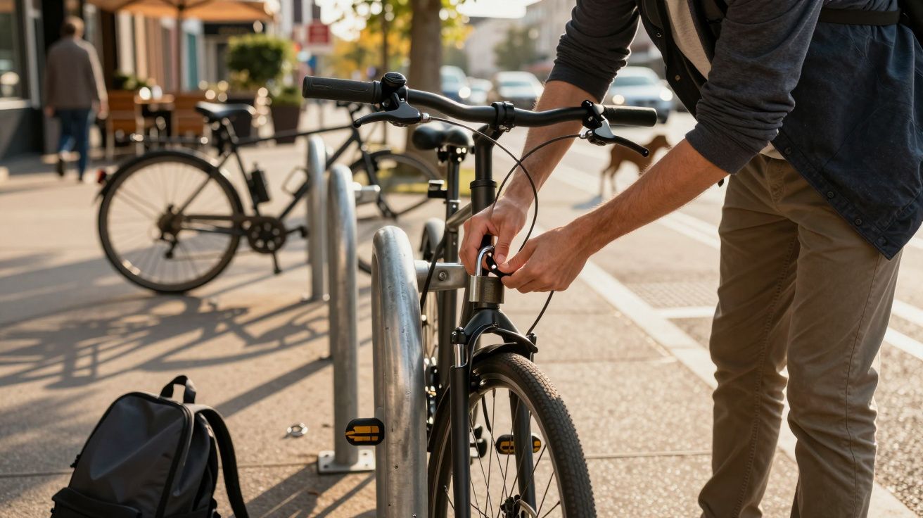 Pessoa a prender bicicleta preta com cadeado numa estrutura metálica na calçada de uma rua movimentada.