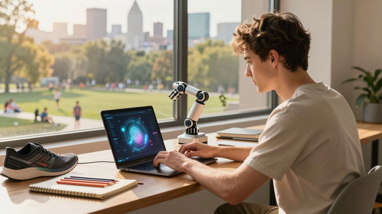 Jovem sentado junto a janela a trabalhar num portátil com braço robótico ao lado e vista para parque e cidade.