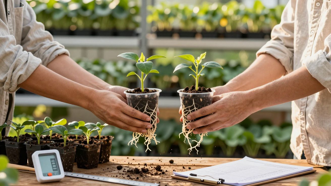 Duas pessoas seguram mudas de plantas com raízes expostas em estufa com várias outras plantas à volta.