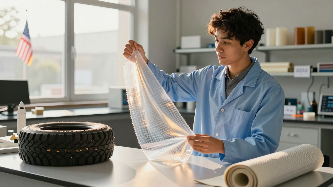 Jovem cientista em laboratório examina material transparente junto a um pneu e rolos de tecido.