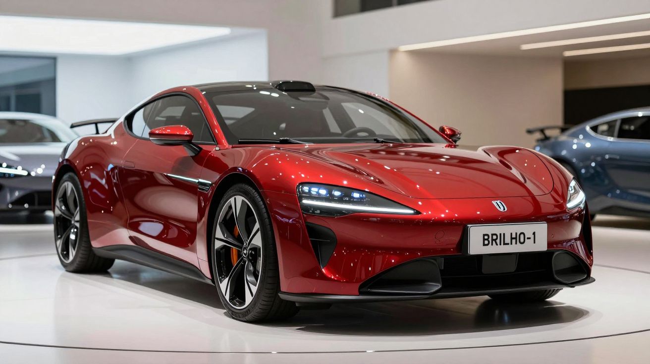 Carro desportivo vermelho brilhante com faróis LED exposto em sala moderna com outros veículos.