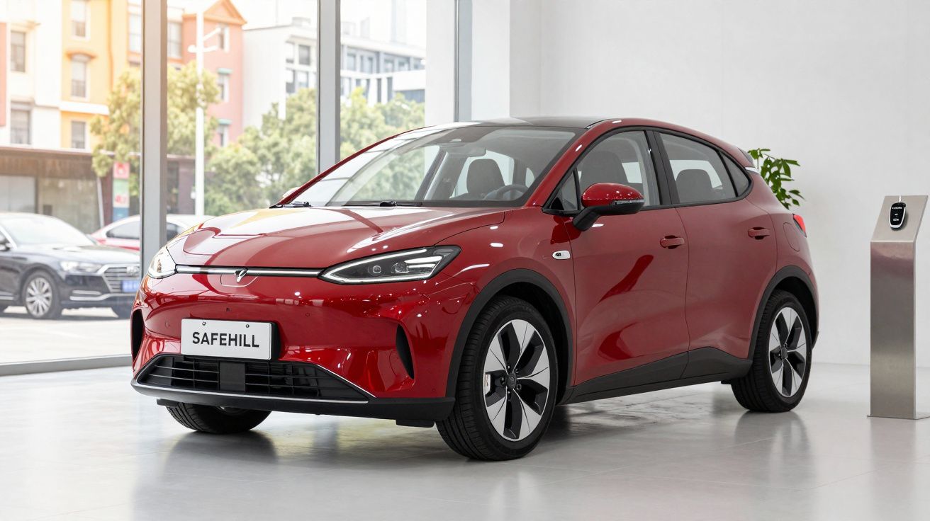 Carro elétrico vermelho Safehill estacionado dentro de uma exposição moderna com janelas amplas.