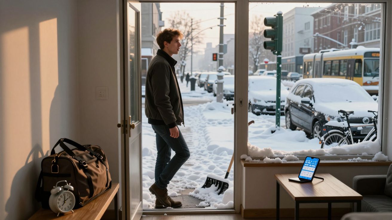 Homem observa rua com neve do interior de casa, perto de pá e bolsa, durante fim de tarde.