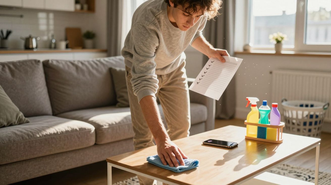 Pessoa a limpar a mesa da sala com um pano e a consultar uma lista de tarefas.