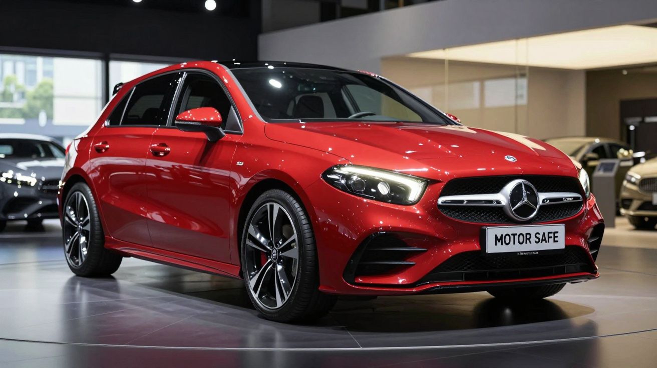 Carro desportivo vermelho Mercedes-Benz estacionado em salão automóvel moderno.