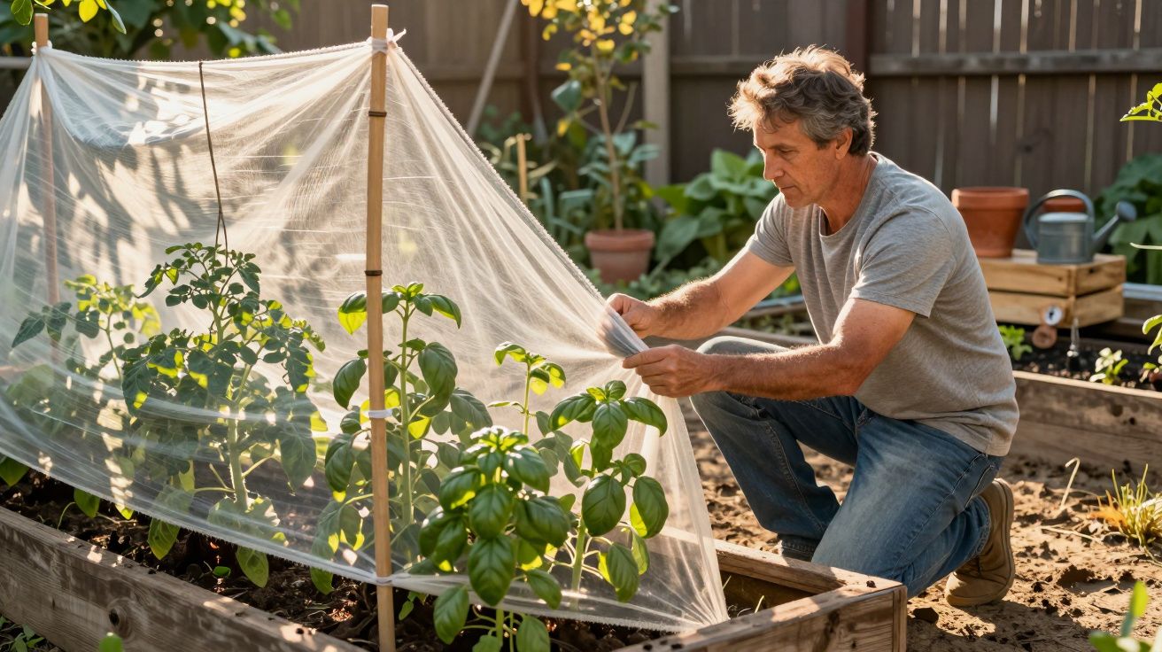Homem a proteger plantas com rede em horta elevada num dia soalheiro.