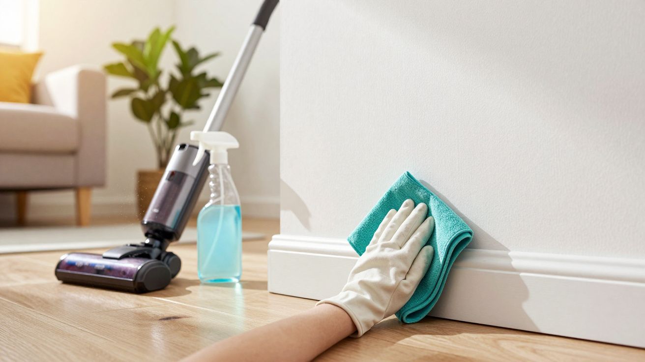 Mão com luva a limpar a base da parede com pano azul, aspirador e frasco de spray ao fundo numa sala.