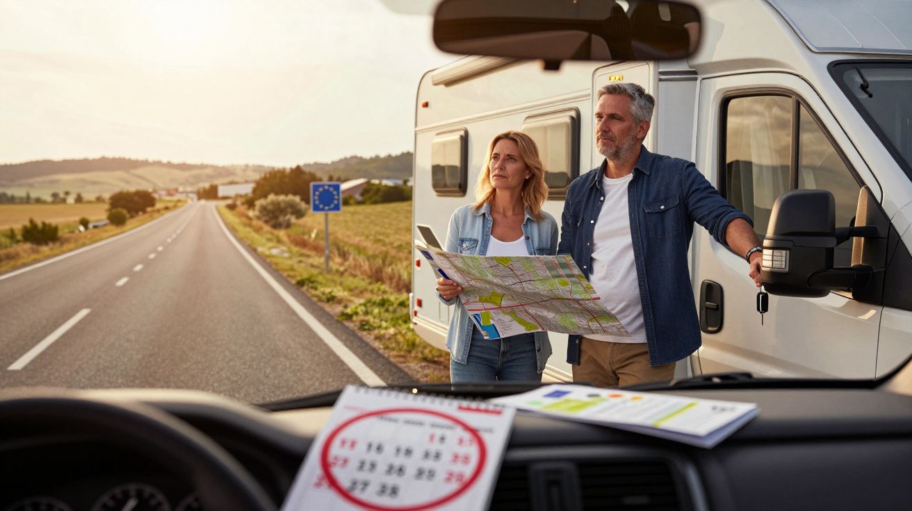 Casal junto a autocaravana consulta mapa na berma de estrada rural perto fronteira da UE ao pôr do sol