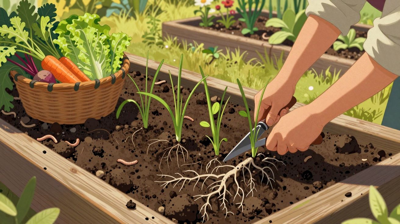 Pessoa a colher cebolinhas num canteiro de jardim, com cesto de vegetais ao lado.