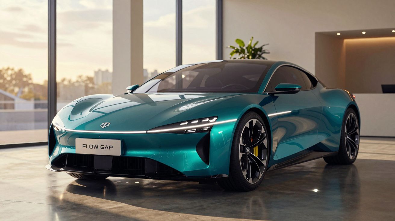 Carro desportivo elétrico verde metálico estacionado em showroom moderno com grandes janelas.