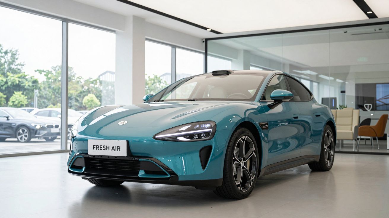 Carro elétrico azul turquesa em exposição num salão moderno com janelas grandes.