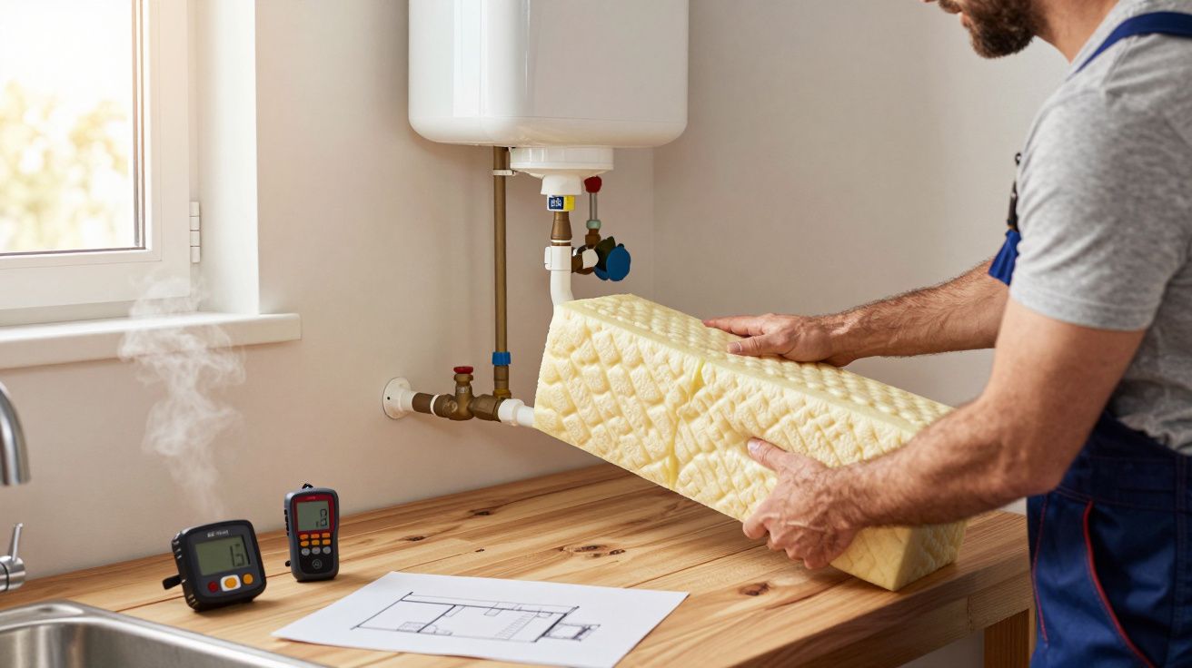 Homem com macacão azul a segurar peça isolante junto a esquentador numa bancada de cozinha.