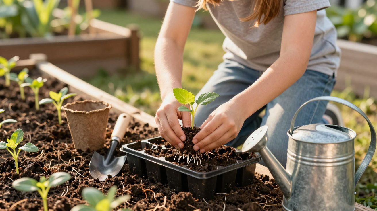 Pessoa a plantar muda de planta num tabuleiro de cultivo, com regador e enxada ao lado, num jardim.