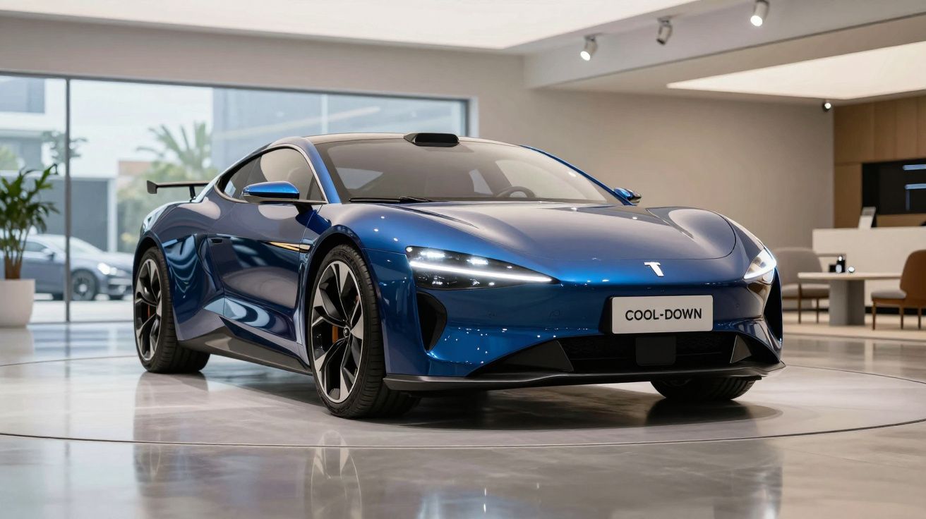 Carro desportivo elétrico azul em exposição numa sala moderna com grandes janelas e decoração minimalista.