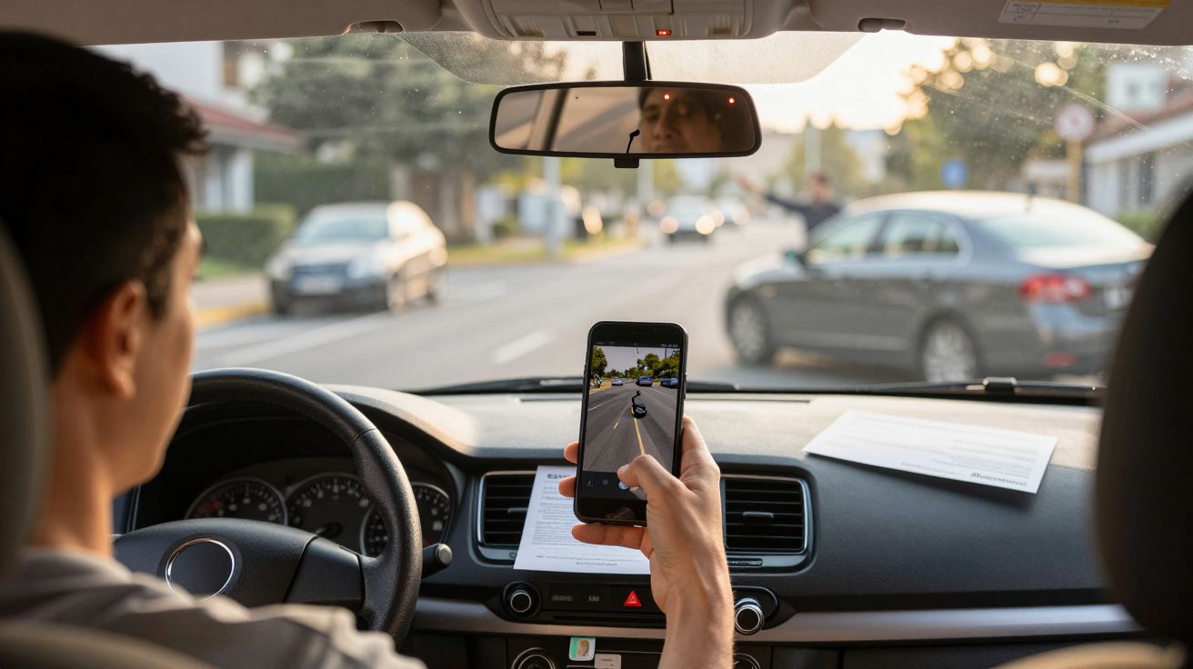 Pessoa ao volante tira foto da estrada pela janela do carro com um telemóvel.
