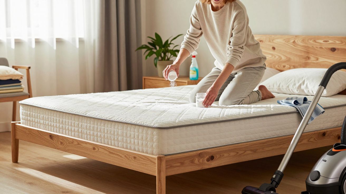 Pessoa aplicando pó desinfetante em colchão branco numa cama de madeira num quarto iluminado.