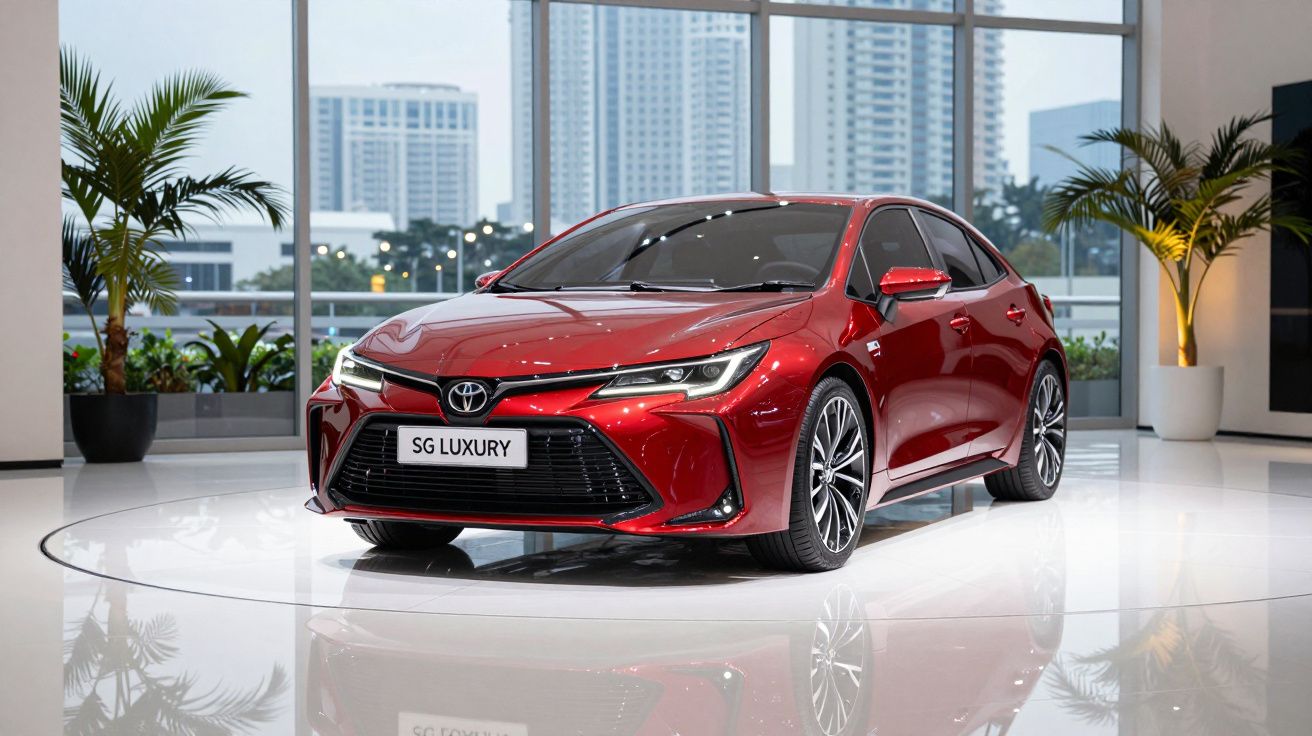Carro Toyota vermelho em exposição moderna com janelas grandes e plantas decorativas.