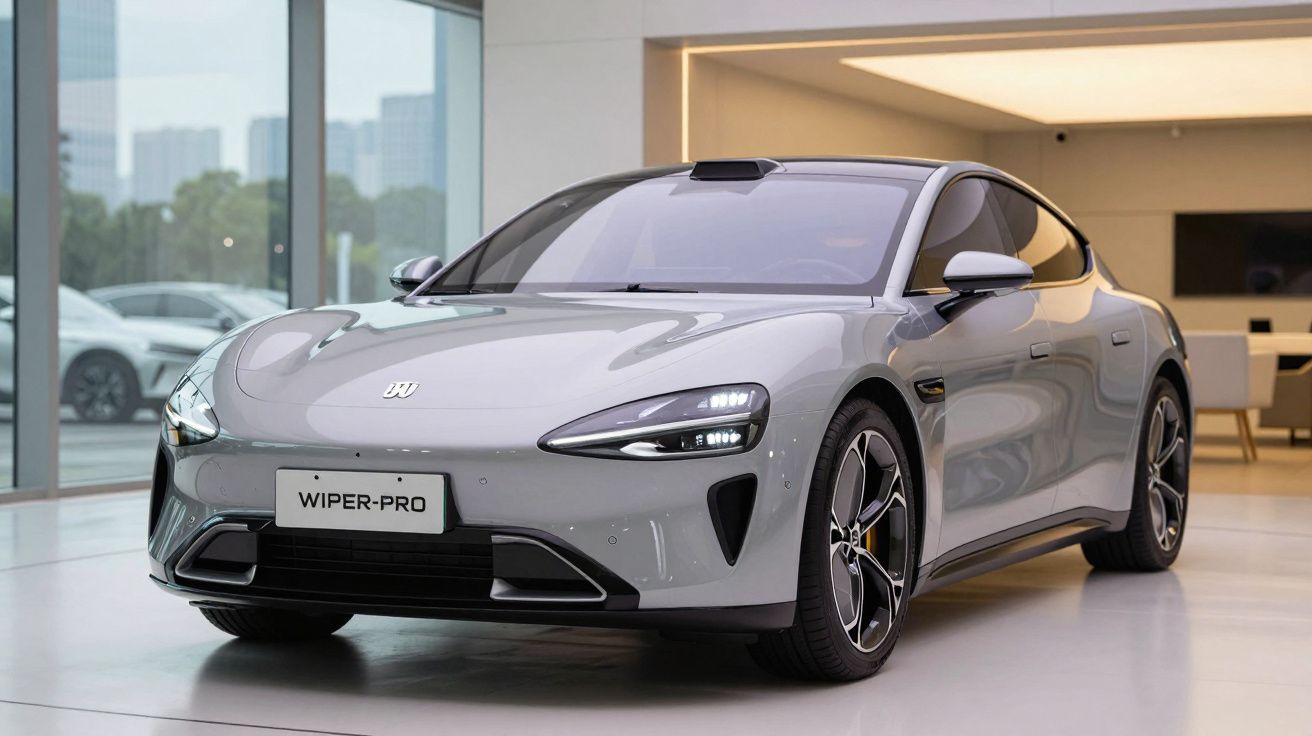 Carro desportivo elétrico cinza estacionado em showroom moderno com grandes janelas e iluminação suave.