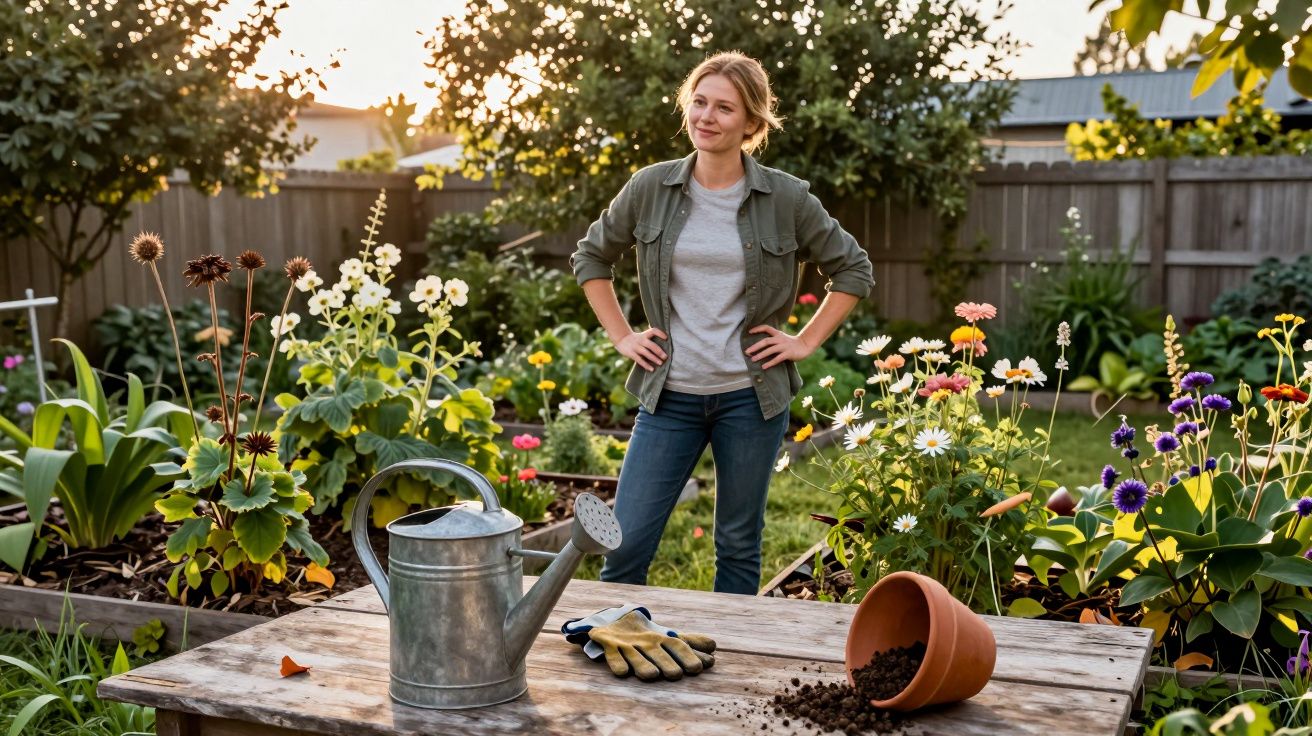 Mulher sorridente com mãos na cintura num jardim florido ao pôr do sol, com regador e luvas numa mesa de madeira.