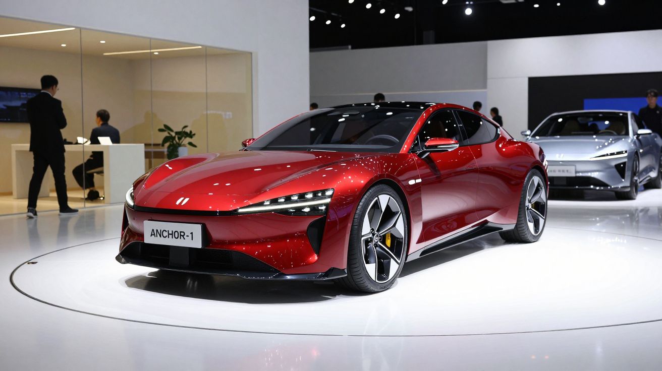 Carro desportivo vermelho ANCHOR-1 exposto em salão automóvel moderno com iluminação branca.