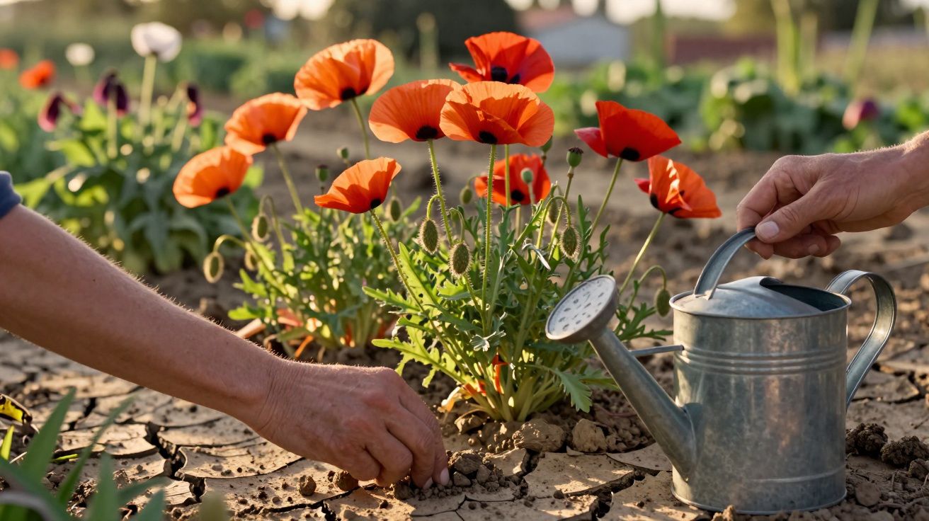 Mãos a cuidar de papoilas vermelhas num jardim seco, com regador metálico ao lado.