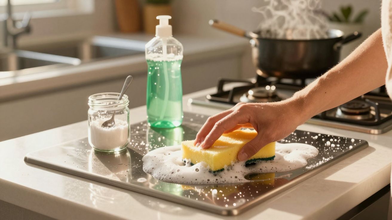 Pessoa a limpar placa de fogão com esponja amarela e detergente, em cozinha moderna com panela no fogão.