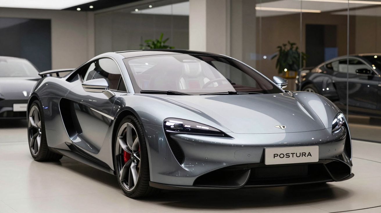 Carro desportivo cinzento brilhante estacionado num showroom moderno com painéis de vidro e outros veículos ao fundo.