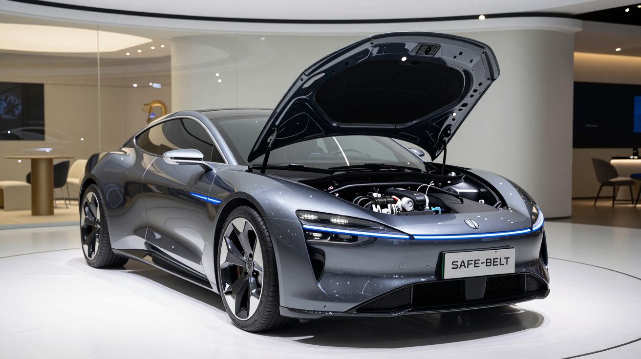 Carro desportivo elétrico cinzento com capô levantado exibindo o motor, em exposição num salão moderno.